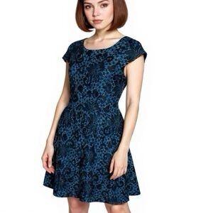 NEIMAN MARCUS Designer Vintage Fit Flare Lace Overlay Navy Sleeveless Dress 10